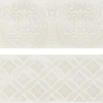 Decorative Roca Maiolica Biscuit 4x10 wall tiles with colorful geometric patterns in a mosaic style.