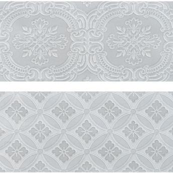 Roca Maiolica Tender Gray 4x10 wall tile with decorative pattern, featuring soft gray tones for interior wall design.