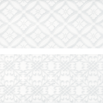 White ceramic wall tiles from Roca's Maiolica White 4x10 Deco collection, featuring decorative patterns for interior walls.