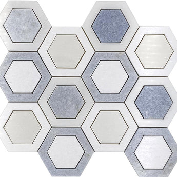 MYKONOS ORNOS Thassos/Blue Celeste/Paper White Mosaic Tile.
