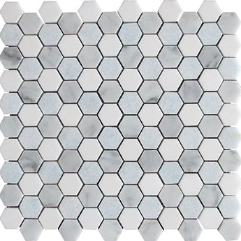 MYKONOS KORFOS Thassos/Carrara/Blue Celeste Mosaic Tile.