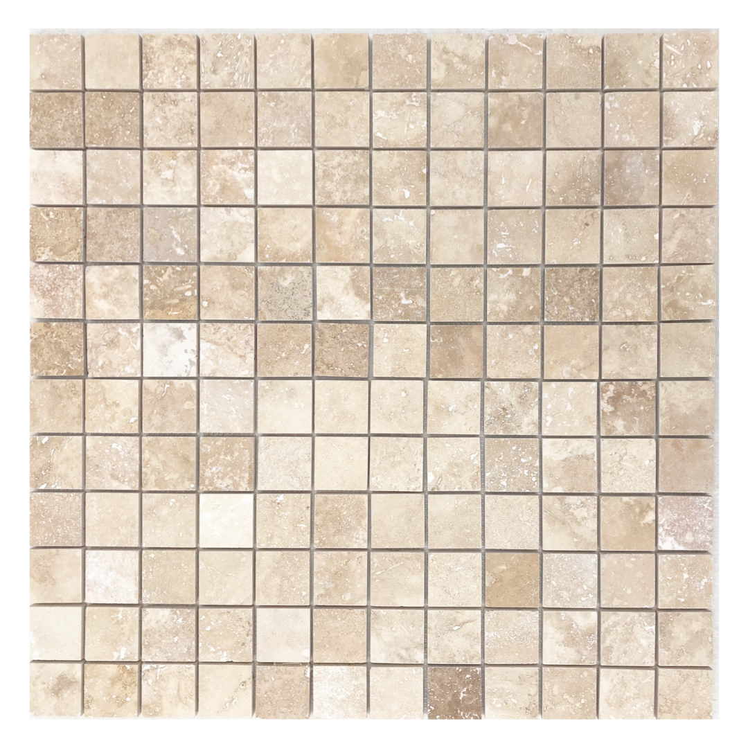 2x2 Walnut Travertine Mosaic Tile Filled And Honed.