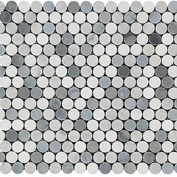 Bianco Carrara Polished Marble Penny Round Mosaic Tile (Carrara + Thassos + Blue).