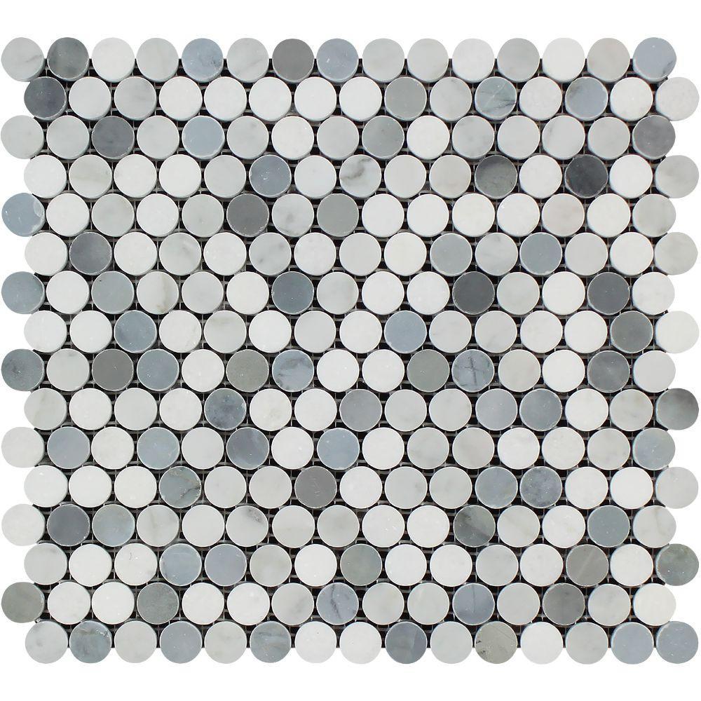 Thassos White Polished Marble Penny Round Mosaic Tile (Carrara + Thassos + Blue-Gray).