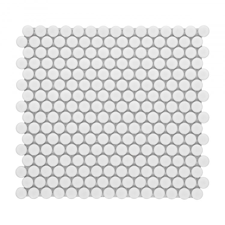 Penny Round White Matte 11.5 x 12.25 Pebble Mosaic Tile.