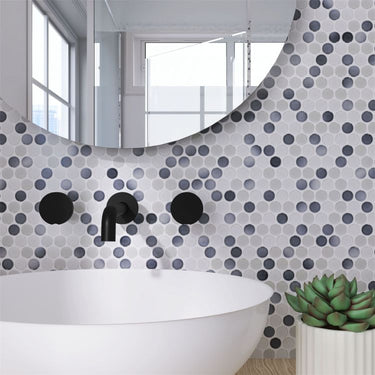 Penny Round Gradient Grey Glossy 11.5 x 12.25 Pebble Porcelain Mosaic Tile.