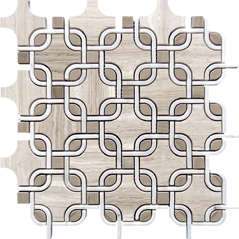 WATERJET SHAPE 7 Wooden gray/Athens gray/Bianco Carrara Mosaic Tile.