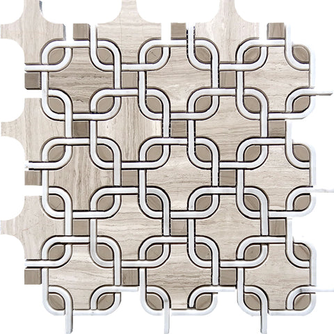 WATERJET SHAPE 7 Wooden gray/Athens gray/Bianco Carrara Mosaic Tile.