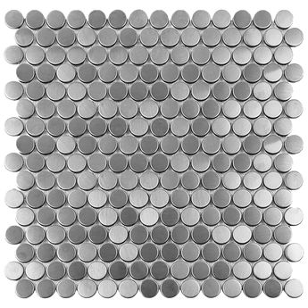 Silver brushed penny mosaic wall tile by Roca, 12x12 inches, featuring round mosaic pattern with a sleek, modern silver finish.