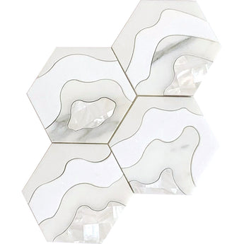 WATERJET STORM WHITE Thassos, Paper White, Calacatta Gold, Shell Mosaic Tile.