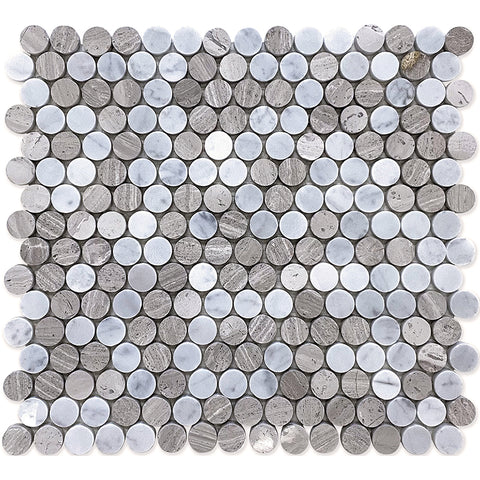 SAVANNAH HEMINGWAY CIRCLE Wooden Gray/Eastern White Mosaic Tile.