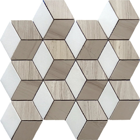 SAVANNAH METROPOLITAN Thassos White/Wooden Grey/Athens Grey Mosaic Tile.