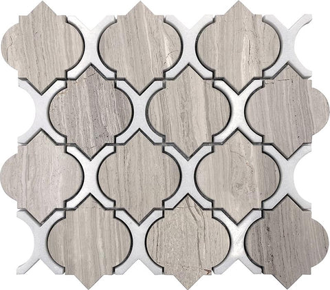 WATERJET TRELLIS 28 Thassos White/Wooden Grey Mosaic Tile.