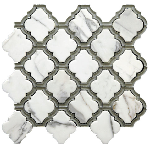 WATERJET TRELLIS 5 Bianco Carrara polished, Murano Silver Glass Mosaic Tile.