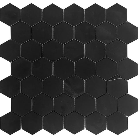 TUXEDO PARK 2" NERO HEX HONED Eastern Black Mosaic Tile.