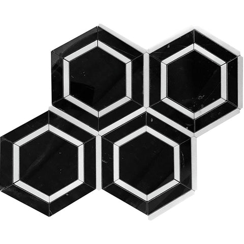 TUXEDO PARK 6" NERO BIANCO HEX POLISHED Nero Marquina/Thassos Mosaic Tile.