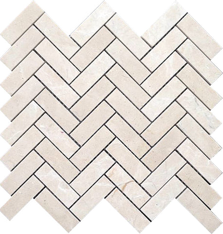 VALENCIA CREMA 1X3 HERRINGBONE Crema Marfil Polished Mosaic Tile.