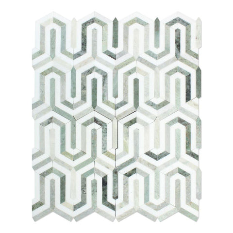 Thassos White Honed Marble Berlinetta Mosaic Tile (Thassos w/ Ming Green).