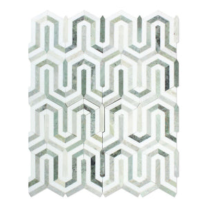 Thassos White Polished Marble Berlinetta Mosaic Tile (Thassos w/ Ming Green).