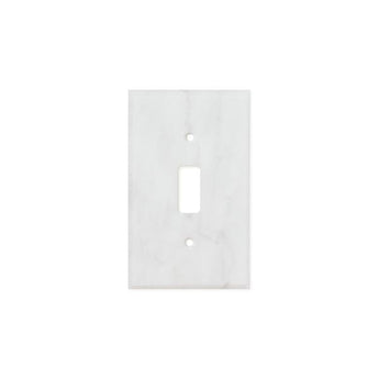 Bianco Carrara marble wall plate cover with honed finish, single toggle switch plate for field tile decor, by MosaicBros.com.
