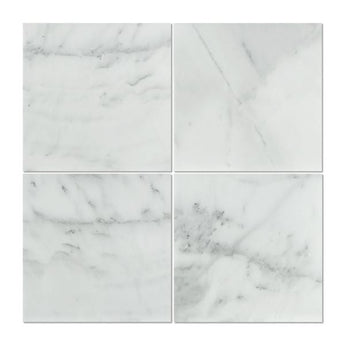 Honed Bianco Mare marble field tile in 18x18 inches with a smooth, matte finish, showcasing elegant white and gray veining.