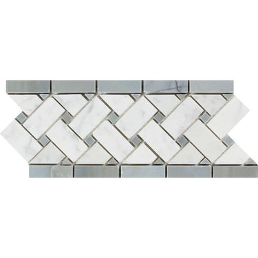 4 3/4 x 12 Polished Bianco Carrara Marble Basketweave Border w/ Blue-Gray Dots.
