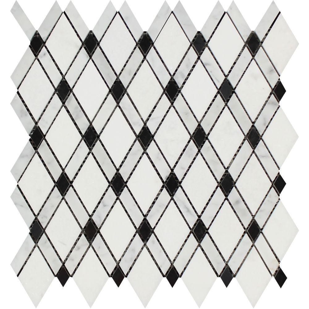Bianco Carrara Honed Marble Lattice Mosaic Tile (Thassos + Carrara + Black).