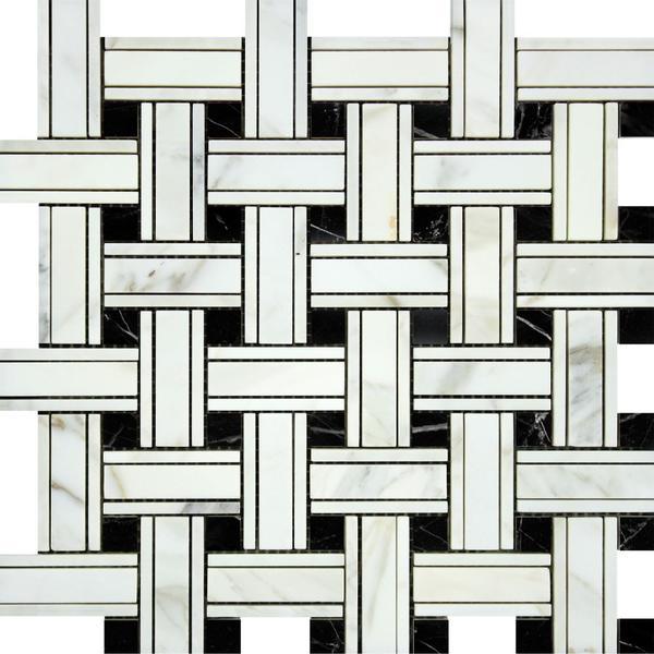 Calacatta Gold Honed Marble Tripleweave Mosaic Tile w/ Black Dots.