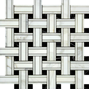 Calacatta Gold Honed Marble Tripleweave Mosaic Tile w/ Black Dots.