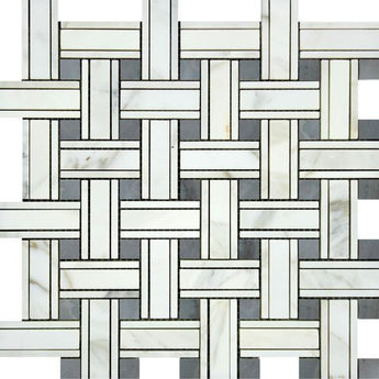 Calacatta Gold Honed Marble Tripleweave Mosaic Tile w/ Blue-Gray Dots.