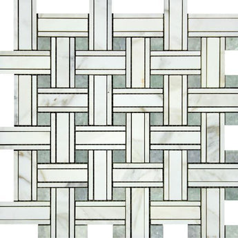Calacatta Gold Honed Marble Tripleweave Mosaic Tile w/ Ming Green Dots.