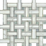 Calacatta Gold Honed Marble Tripleweave Mosaic Tile w/ Ming Green Dots.
