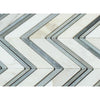 Calacatta Gold Polished Marble Large Chevron Mosaic Tile w/ Blue-Gray Strips.