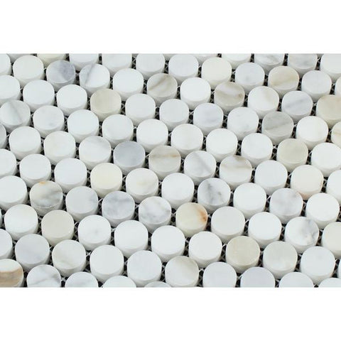 Calacatta Gold Polished Marble Penny Round Mosaic Tile.