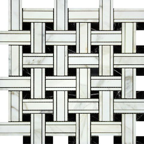 Calacatta Gold Polished Marble Tripleweave Mosaic Tile w/ Black Dots.