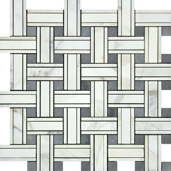 Calacatta Gold Polished Marble Tripleweave Mosaic Tile w/ Blue-Gray Dots.