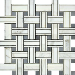 Calacatta Gold Polished Marble Tripleweave Mosaic Tile w/ Blue-Gray Dots.