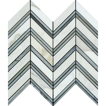 Calacatta Gold Honed Marble Large Chevron Mosaic Tile w/ Blue-Gray Strips.