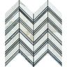 Calacatta Gold Honed Marble Large Chevron Mosaic Tile w/ Blue-Gray Strips.