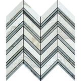 Calacatta Gold Honed Marble Large Chevron Mosaic Tile w/ Blue-Gray Strips.