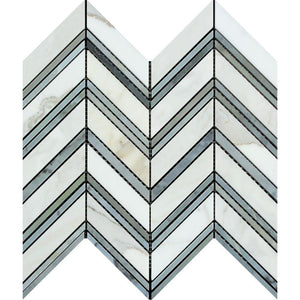 Calacatta Gold Honed Marble Large Chevron Mosaic Tile w/ Blue-Gray Strips.