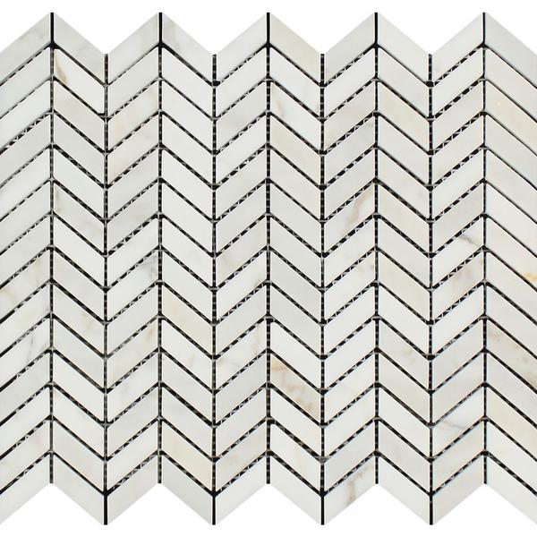 Calacatta Gold Honed Marble Mini Chevron Mosaic Tile.