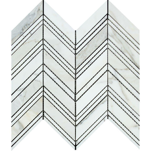 Calacatta Gold Polished Marble Large Chevron Mosaic Tile w/ Calacatta Gold Strips.