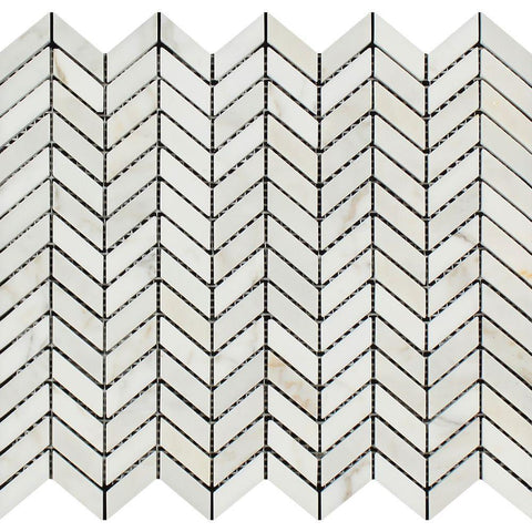 Calacatta Gold Polished Marble Mini Chevron Mosaic Tile.