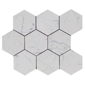 White Carrara Marble 4x4 Hexagon Polished Mosaic Tile.