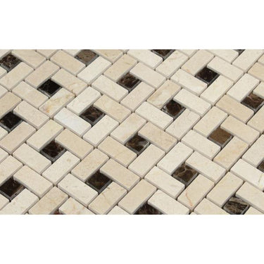 Crema Marfil Polished Marble Mini Pinwheel Mosaic Tile w/Dark Emperador Dots.