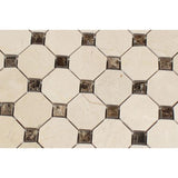 Crema Marfil Polished Marble Octagon Mosaic Tile w/ Emp. Dark Dots.