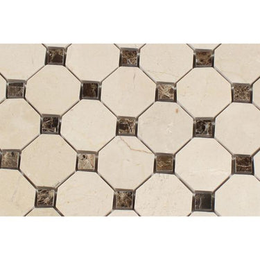 Crema Marfil Polished Marble Octagon Mosaic Tile w/ Emp. Dark Dots.