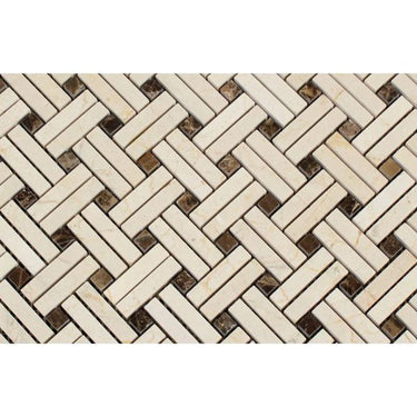 Crema Marfil Polished Marble Stanza Mosaic Tile w/ Dark Emperador Dots.