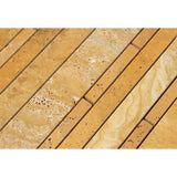 Gold Honed Travertine Random Strip Mosaic Tile.